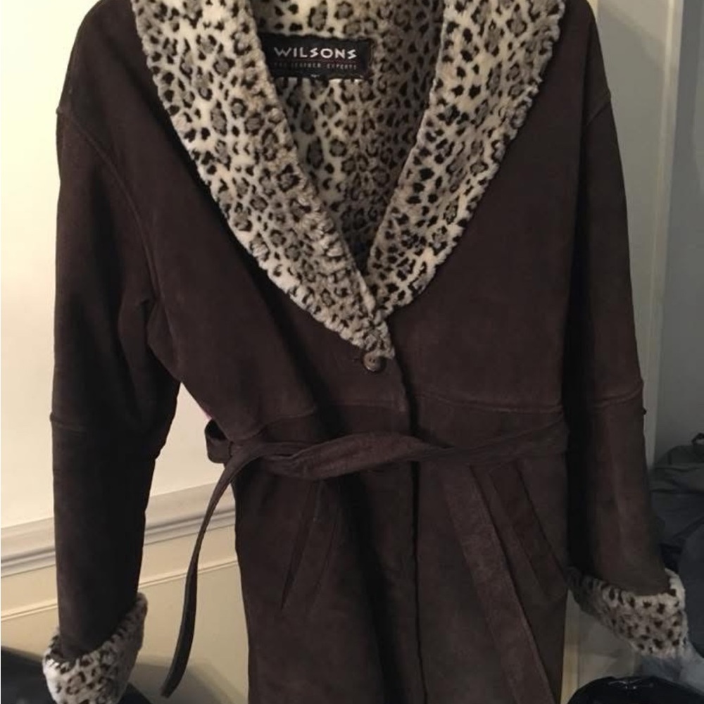 Wilson Dark Brown Teddy Jacket with Animal Print Collar. Plush int + suede ext